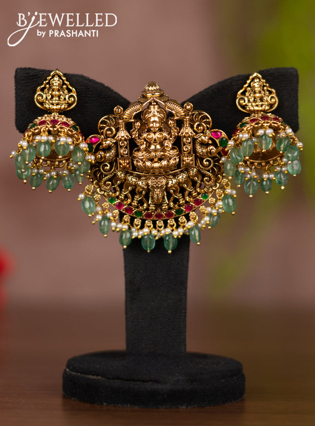 Antique pendant set lakshmi design with kemp stones and mint green beads hangings