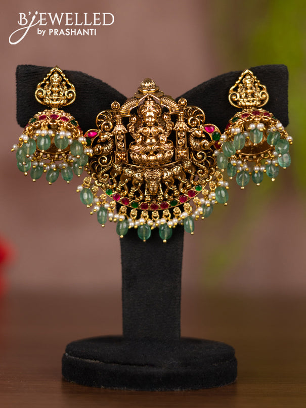 Antique pendant set lakshmi design with kemp stones and mint green beads hangings