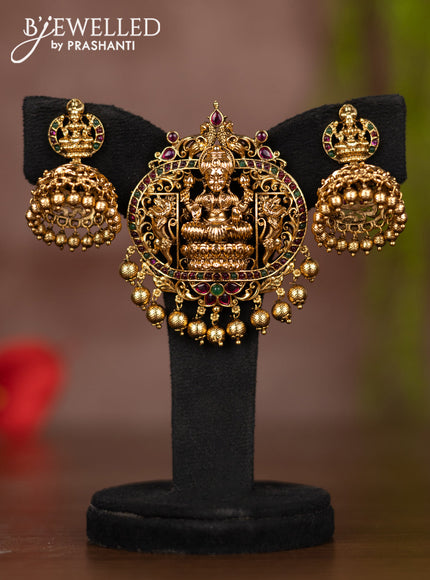 Antique pendant set lakshmi design with kemp stones and golden beads hangings