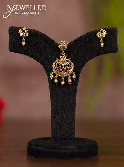 Antique pendant set peacock design with kemp & cz stones and golden beads hangings
