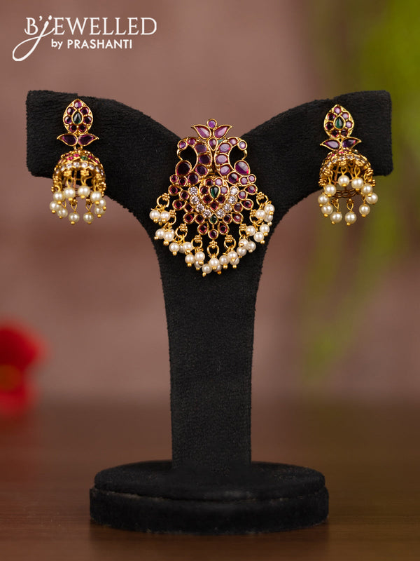 Antique pendant set peacock design with kemp & cz stones and pearl hangings