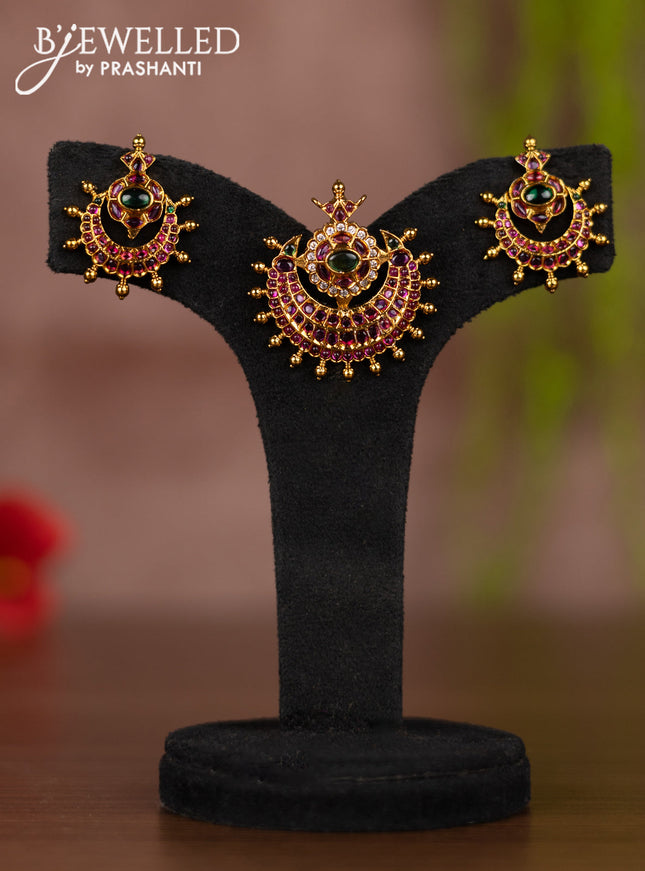 Antique pendant set chandbali design with kemp and cz stones