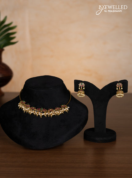 Antique ring type choker lotus design with kemp stones and pearl & golden beads hangings
