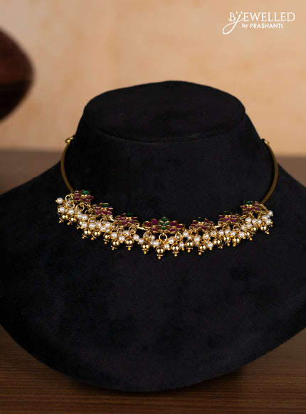 Antique ring type choker lotus design with kemp stones and pearl & golden beads hangings