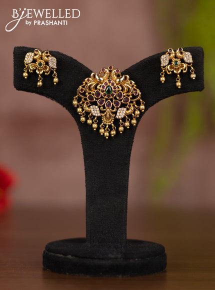 Antique pendant set peacock design with kemp & cz stones and golden beads hangings