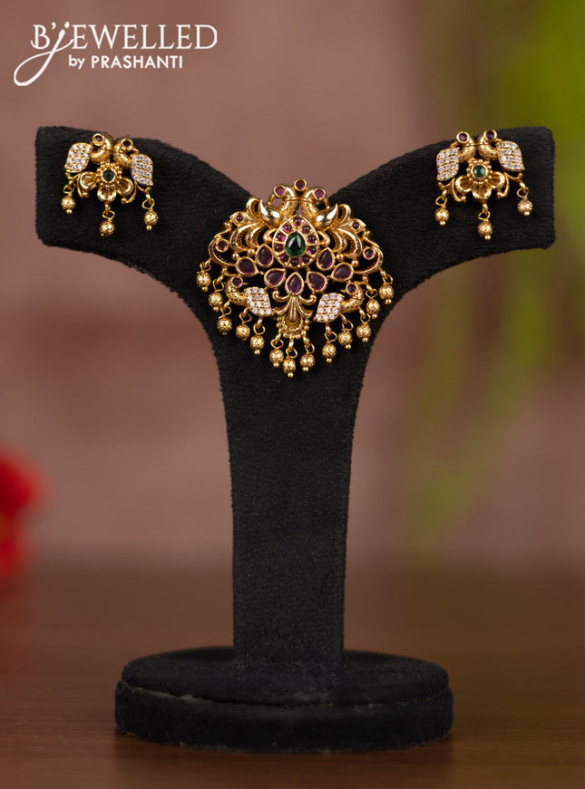 Antique pendant set peacock design with kemp & cz stones and golden beads hangings