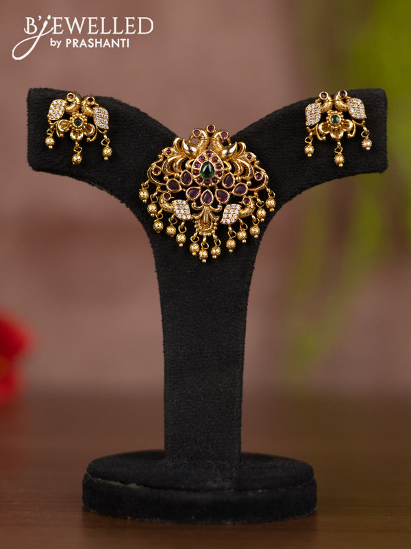 Antique pendant set peacock design with kemp & cz stones and golden beads hangings
