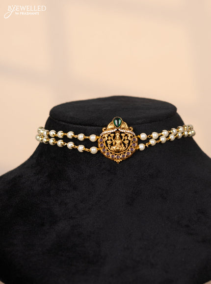 Pearl choker with lakshmi pendant in cz and kemp stones