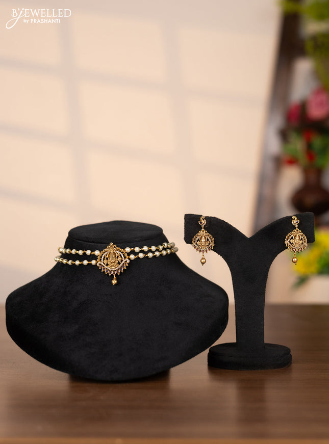 Pearl choker with balaji pendant in cz and kemp stones