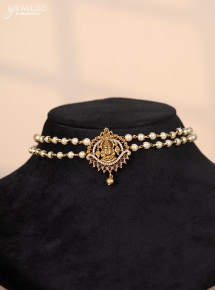 Pearl choker with balaji pendant in cz and kemp stones