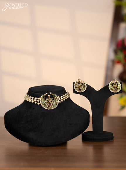 Pearl choker with chandbali pendant in green stones