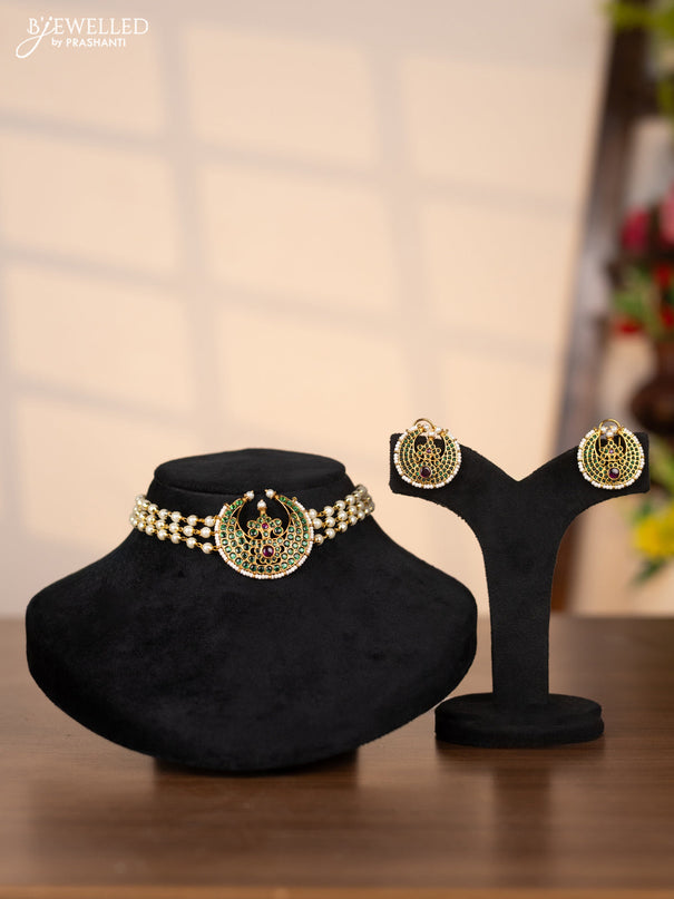 Pearl choker with chandbali pendant in green stones