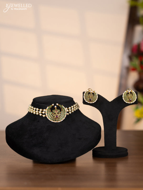 Pearl choker with chandbali pendant in green stones