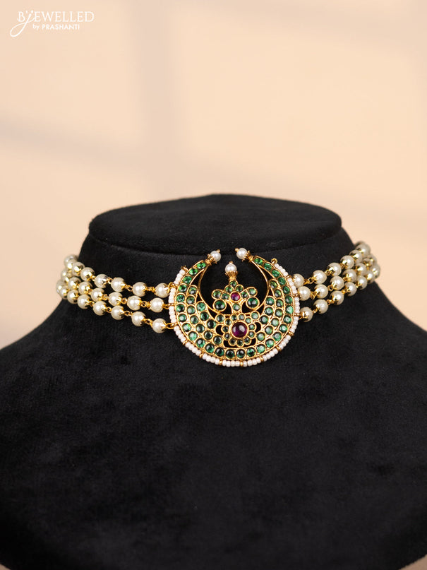 Pearl choker with chandbali pendant in green stones