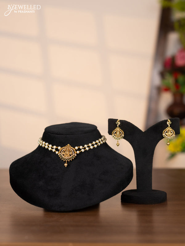 Pearl choker with balaji pendant in cz and green stones