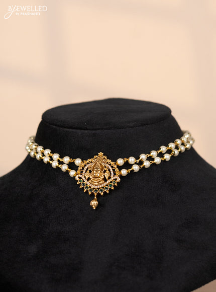 Pearl choker with balaji pendant in cz and green stones