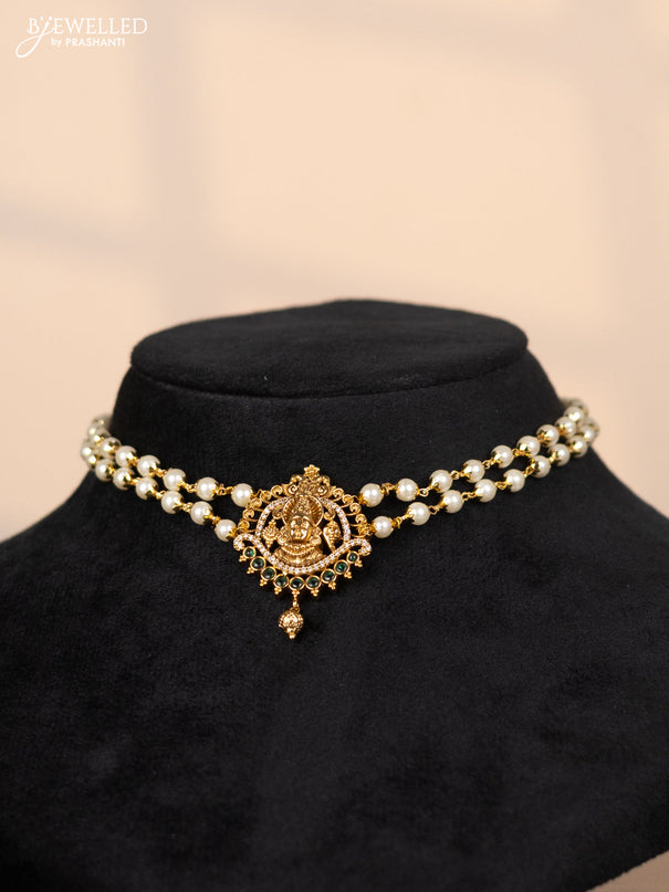 Pearl choker with balaji pendant in cz and green stones