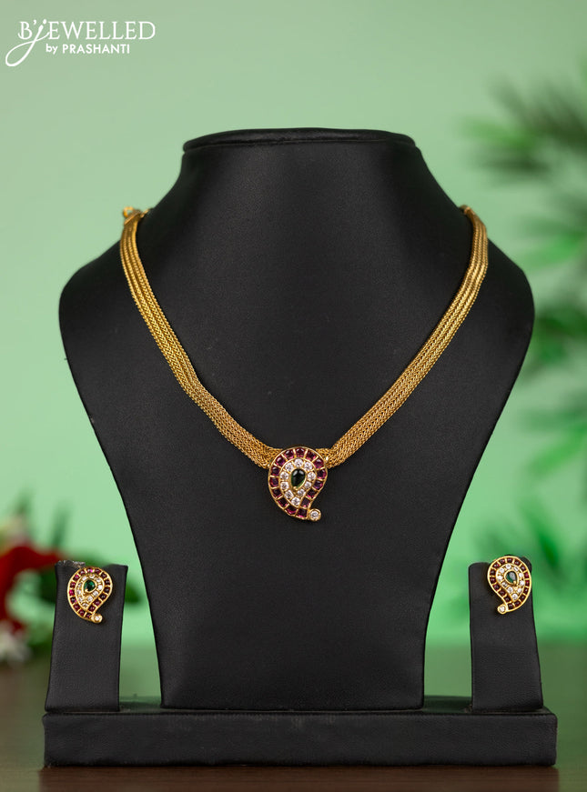 Attigai necklace with mango pendant in kemp ,white and green stones
