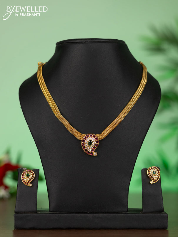 Attigai necklace with mango pendant in kemp ,white and green stones