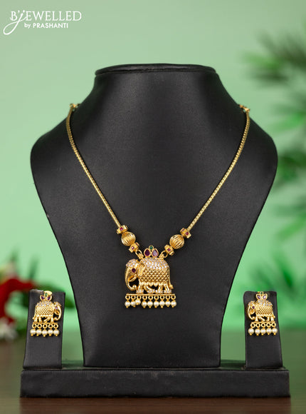 Attigai necklace with elephant pendant in white stones & pearl hanging