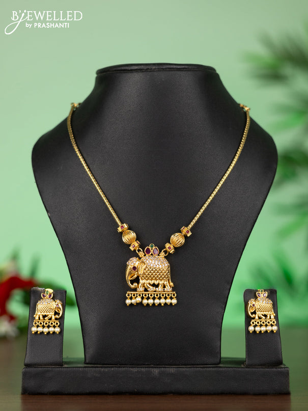 Attigai necklace with elephant pendant in white stones & pearl hanging