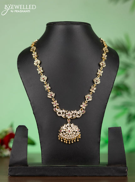 Attigai impon necklace with floral pendant in red and white stones