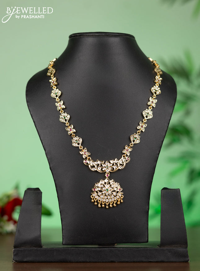 Attigai impon necklace with floral pendant in red,green and white stones