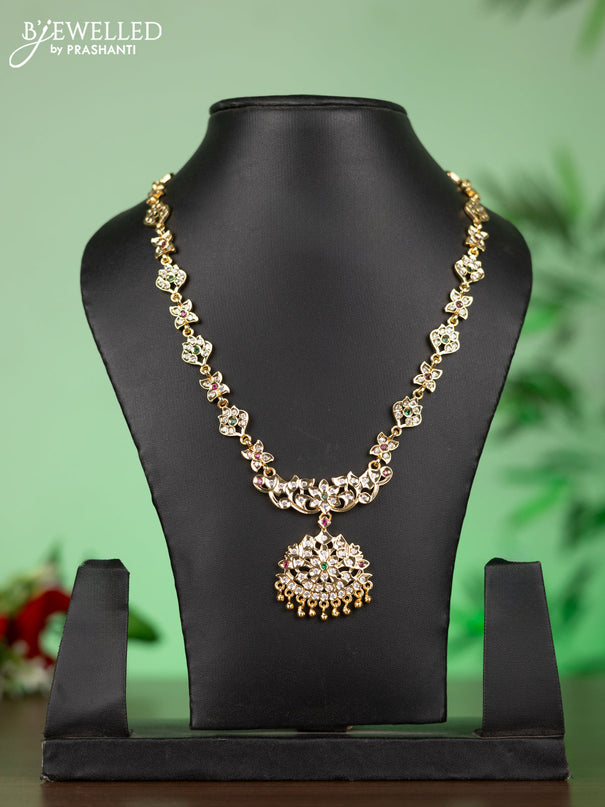Attigai impon necklace with floral pendant in red,green and white stones