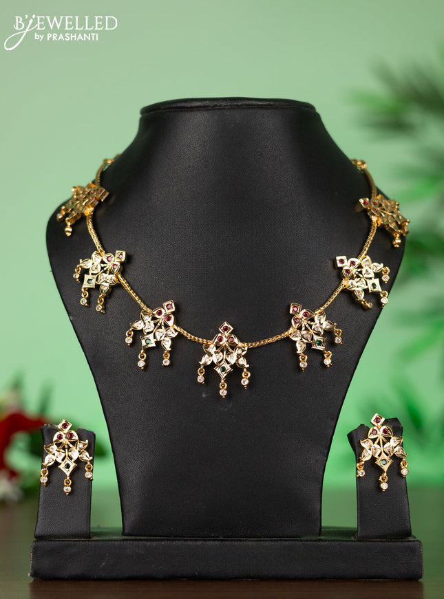 Attigai impon necklace with pendant in red,green and white stones
