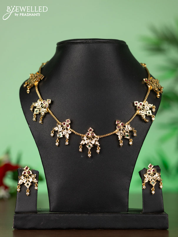 Attigai impon necklace with pendant in red,green and white stones