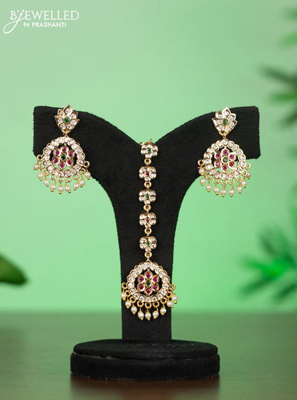 Attigai combo set with kemp & cz stones and pearl hangings in gold finish