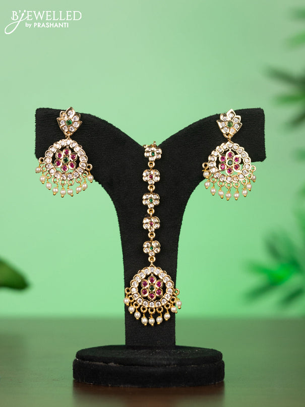 Attigai combo set with kemp & cz stones and pearl hangings in gold finish