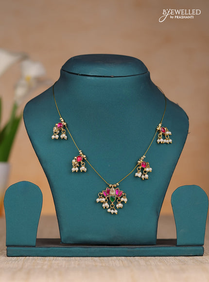 Invisble chain lotus pendant with jadau kundan stones and pearl hangings