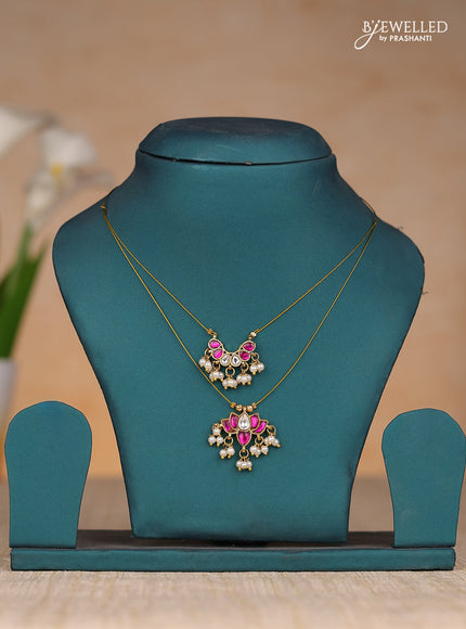 Invisible chain two layers with lotus pendant in  jadau kundan stones
