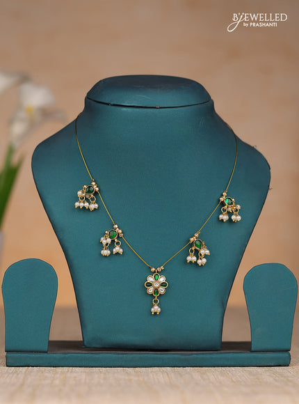 Invisble chain with floral pendant in white & green jadau kundan stones