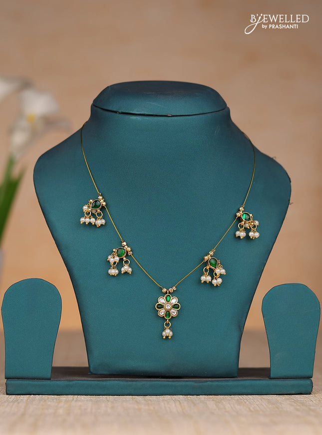 Invisble chain with floral pendant in white & green jadau kundan stones