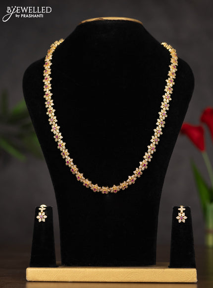 Zircon haaram with floral design pink stones in gold finish