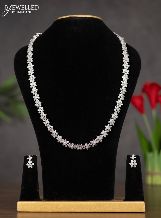 Zircon haaram with floral design white and pastel pink stones
