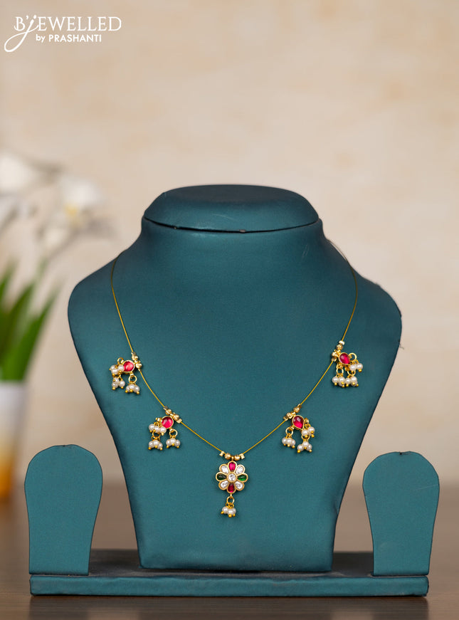 Invisible chain floral design with kemp & kundan stones and pearl hangings without earrings