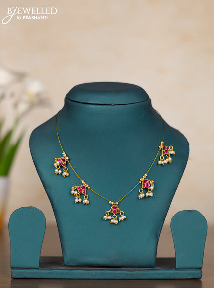 Invisible chain floral design with pink kemp stones and pearl hangings without earrings