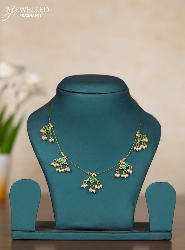 Invisible chain floral design with green kemp stones and pearl hangings without earrings