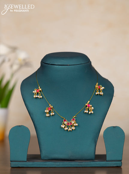 Invisible chain with pink kemp & kundan stones and pearl hangings without earrings