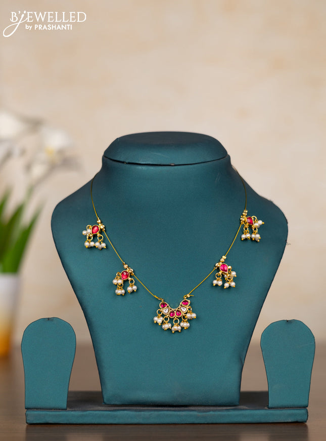 Invisible chain with pink kemp & kundan stones and pearl hangings without earrings