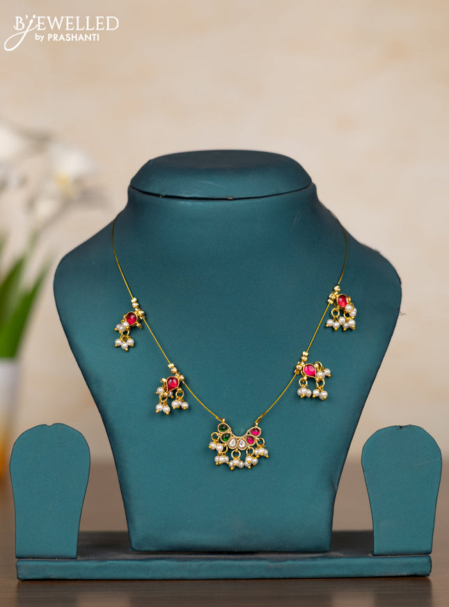 Invisible chain with kemp & kundan stones and pearl hangings without earrings