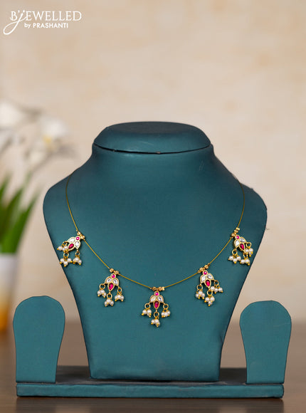 Invisible chain with pink kemp & kundan stones and pearl hangings without earrings