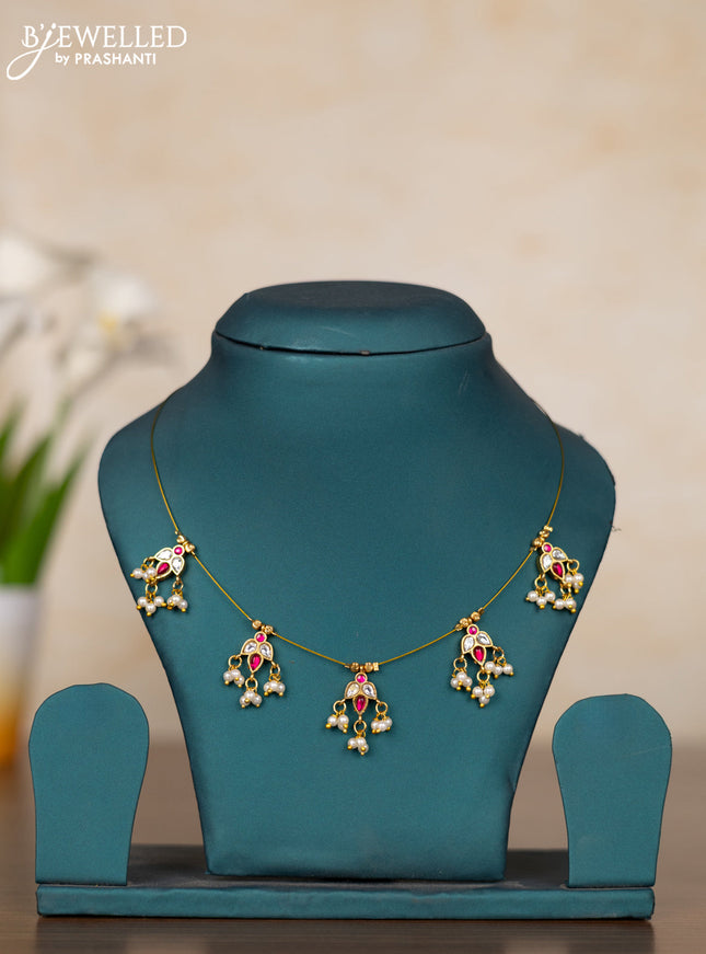 Invisible chain with pink kemp & kundan stones and pearl hangings without earrings