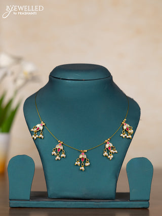 Invisible chain with pink kemp & kundan stones and pearl hangings without earrings