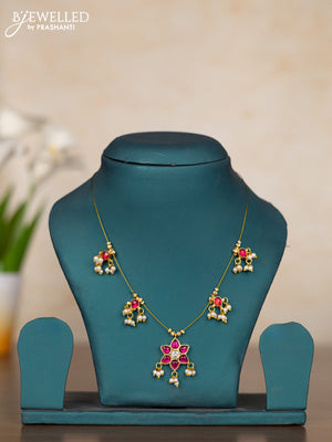 Invisible chain with pink kemp & kundan stones and pearl hangings without earrings