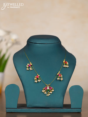 Invisible chain lotus design with kemp & kundan stones and pearl hangings without earrings