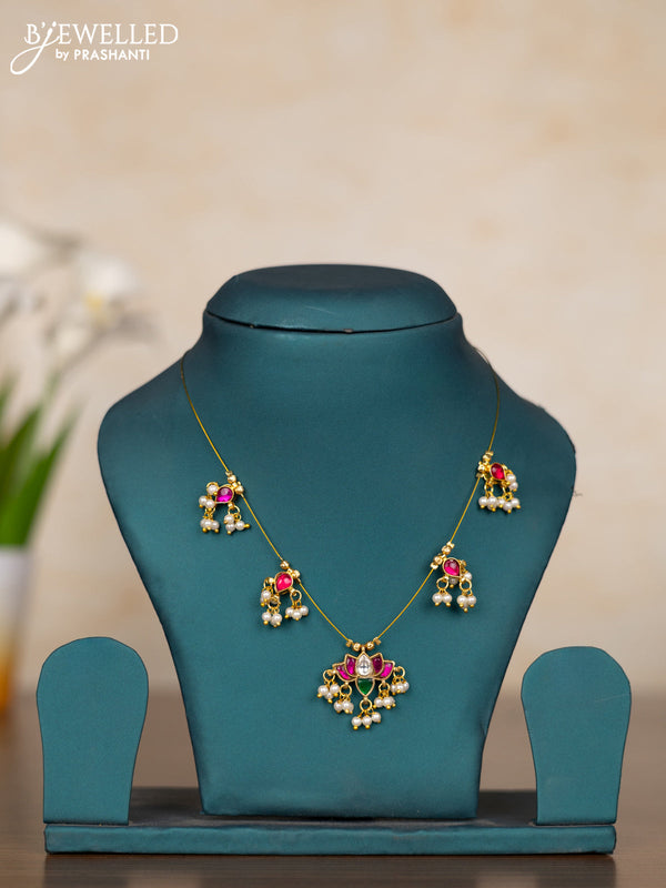 Invisible chain lotus design with kemp & kundan stones and pearl hangings without earrings
